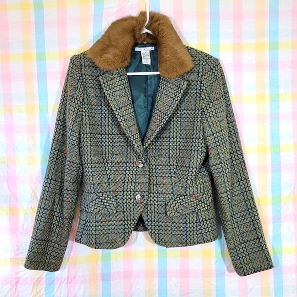 CAbi wool tweed blazer with rabbit fur trim collar - Picture 1 of 9